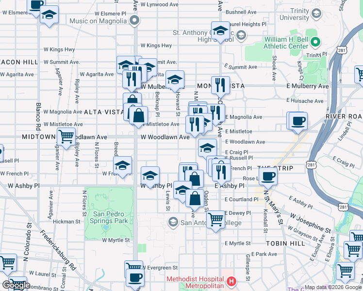 map of restaurants, bars, coffee shops, grocery stores, and more near 133 West Craig Place in San Antonio