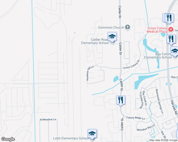 map of restaurants, bars, coffee shops, grocery stores, and more near 6619 Hawkins Hill Lane in Dickinson