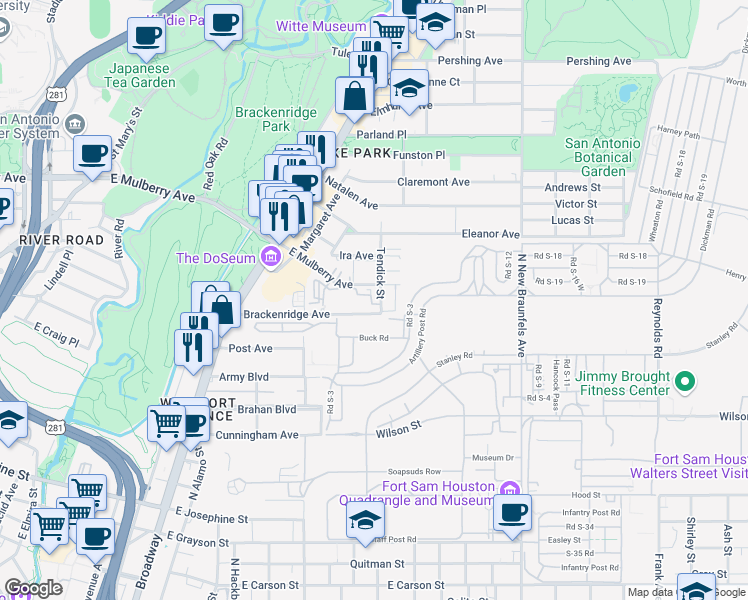 map of restaurants, bars, coffee shops, grocery stores, and more near 1250 East Mulberry Avenue in San Antonio