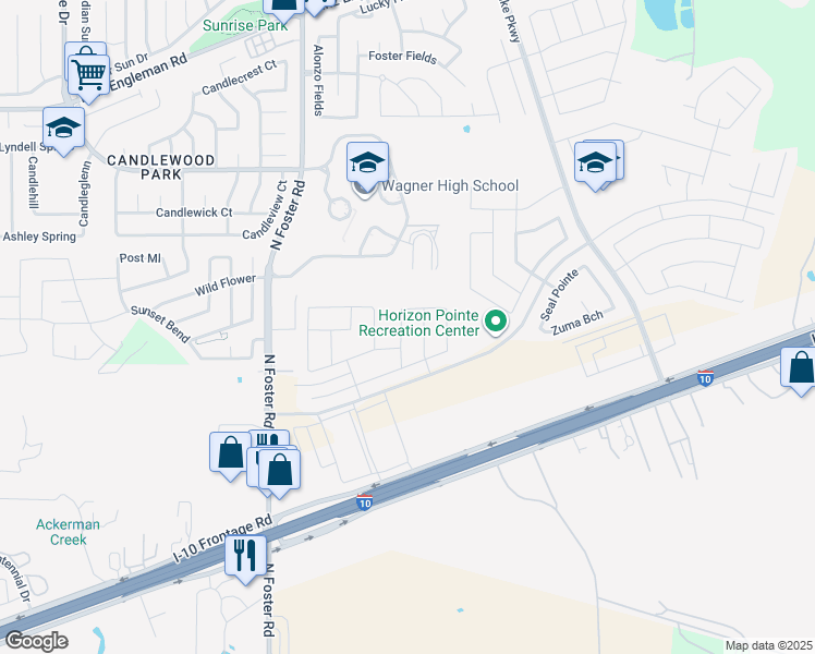 map of restaurants, bars, coffee shops, grocery stores, and more near 2342 Cats Paw View in Converse
