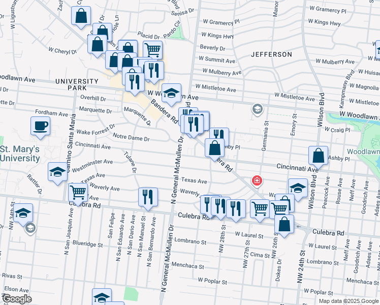map of restaurants, bars, coffee shops, grocery stores, and more near 2331 Cincinnati Avenue in San Antonio