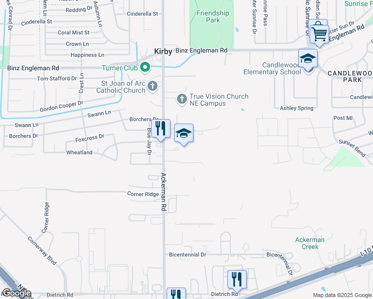 map of restaurants, bars, coffee shops, grocery stores, and more near 2440 Ackerman Road in San Antonio