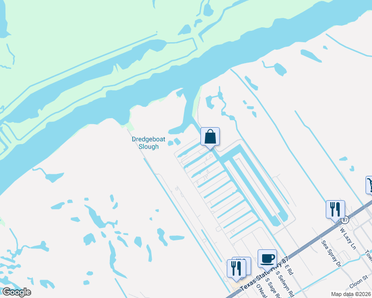 map of restaurants, bars, coffee shops, grocery stores, and more near 1108 Egret Point in Bolivar Peninsula