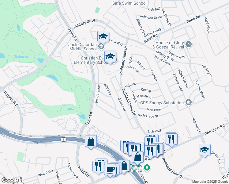 map of restaurants, bars, coffee shops, grocery stores, and more near 1347 O Hara Drive in San Antonio