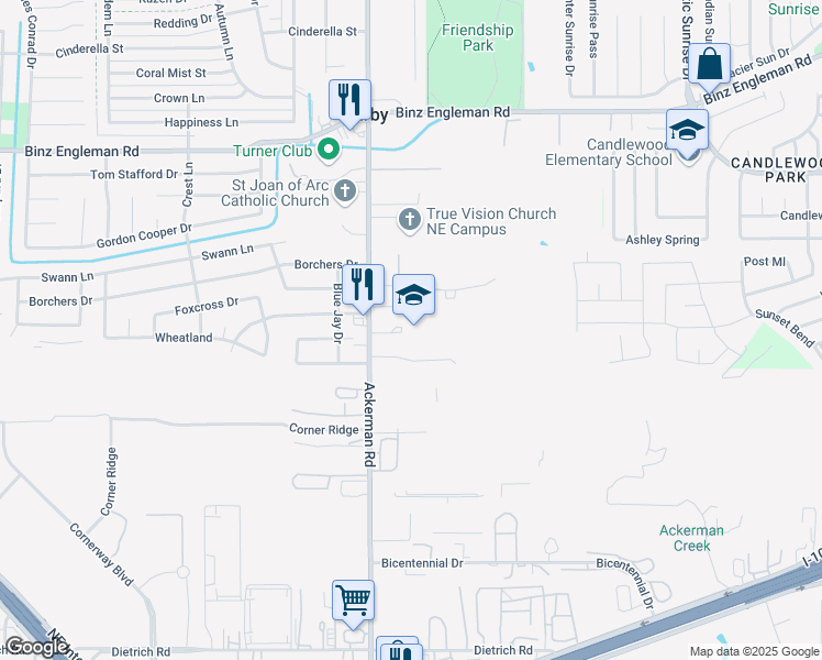 map of restaurants, bars, coffee shops, grocery stores, and more near 2520 Ackerman Road in Kirby