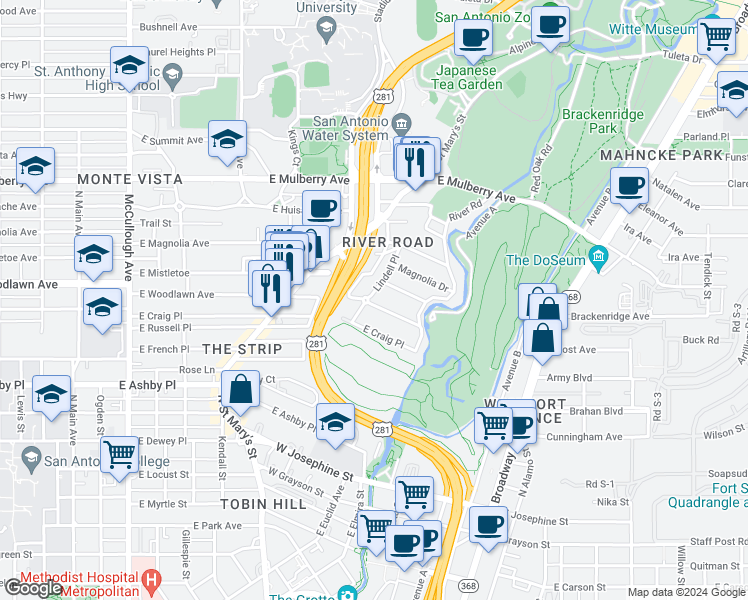 map of restaurants, bars, coffee shops, grocery stores, and more near 102 Armour Place in San Antonio
