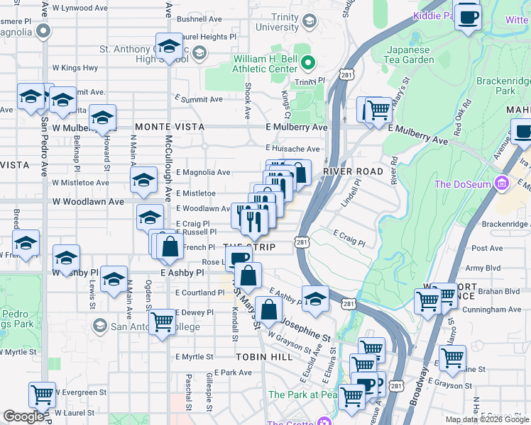 map of restaurants, bars, coffee shops, grocery stores, and more near 511 East Woodlawn Avenue in San Antonio