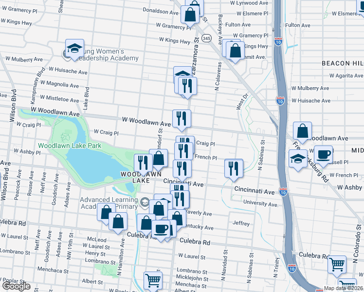 map of restaurants, bars, coffee shops, grocery stores, and more near 1700 West Craig Place in San Antonio