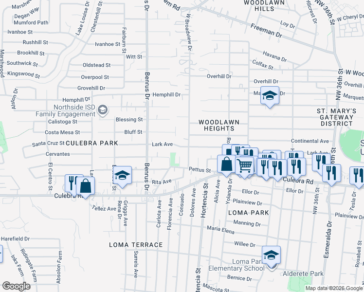 map of restaurants, bars, coffee shops, grocery stores, and more near 4803 Lark Avenue in San Antonio
