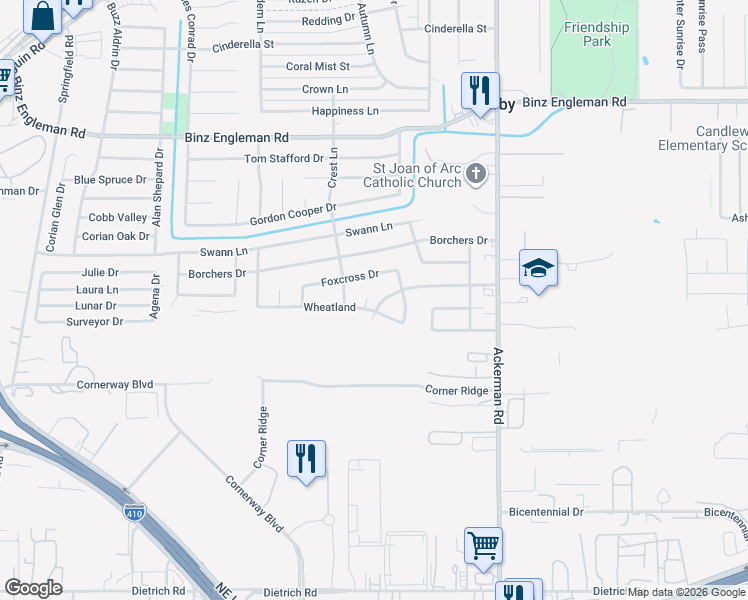 map of restaurants, bars, coffee shops, grocery stores, and more near 2410 Roseville Street in San Antonio