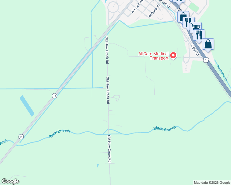 map of restaurants, bars, coffee shops, grocery stores, and more near 525 Old Haw Creek Road in Bunnell