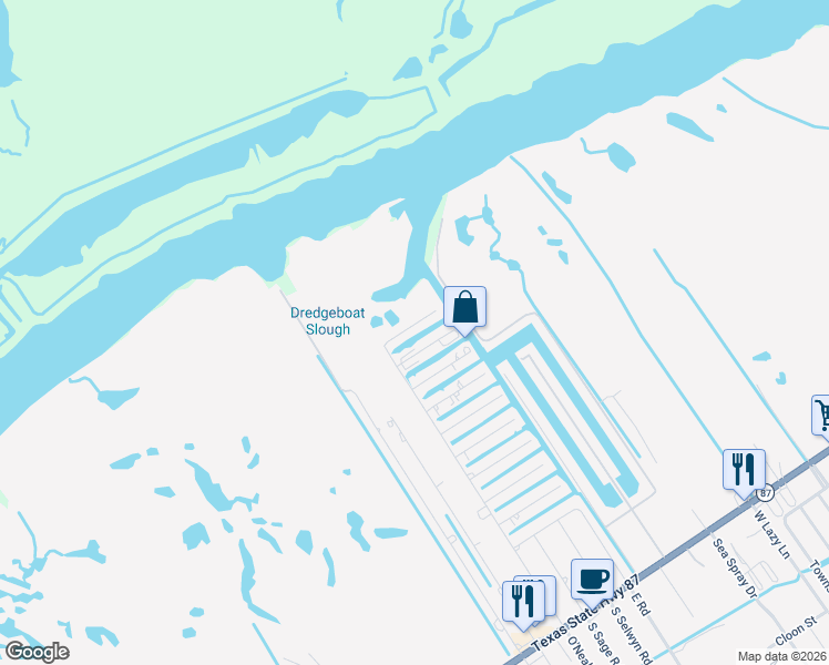 map of restaurants, bars, coffee shops, grocery stores, and more near 1108 Egret Point in Bolivar Peninsula