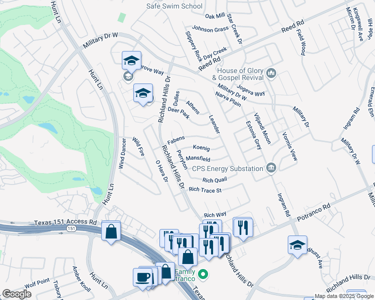 map of restaurants, bars, coffee shops, grocery stores, and more near 9030 Koenig in San Antonio