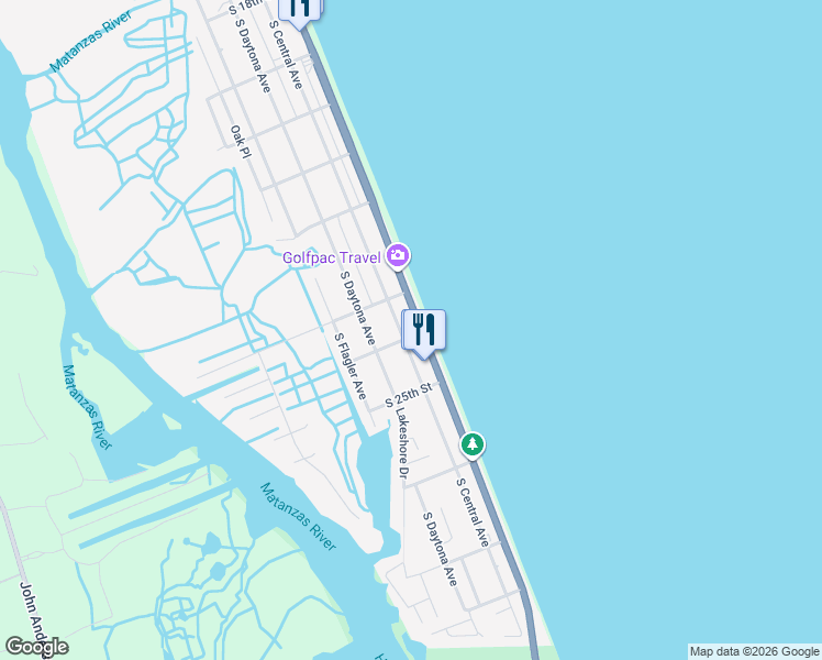 map of restaurants, bars, coffee shops, grocery stores, and more near 2328 South Oceanshore Boulevard in Flagler Beach