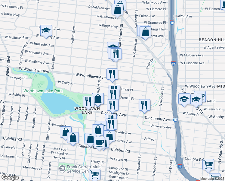 map of restaurants, bars, coffee shops, grocery stores, and more near 1702 West Craig Place in San Antonio