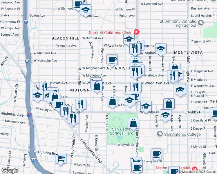 map of restaurants, bars, coffee shops, grocery stores, and more near 616 West Woodlawn Avenue in San Antonio