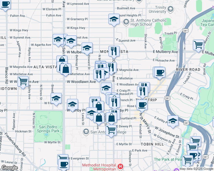 map of restaurants, bars, coffee shops, grocery stores, and more near 108 East Woodlawn Avenue in San Antonio