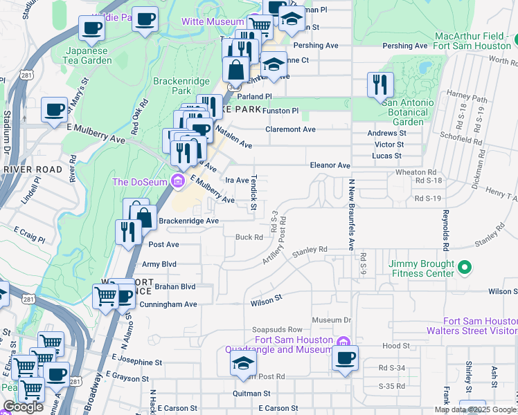 map of restaurants, bars, coffee shops, grocery stores, and more near 1318 East Mulberry Avenue in San Antonio