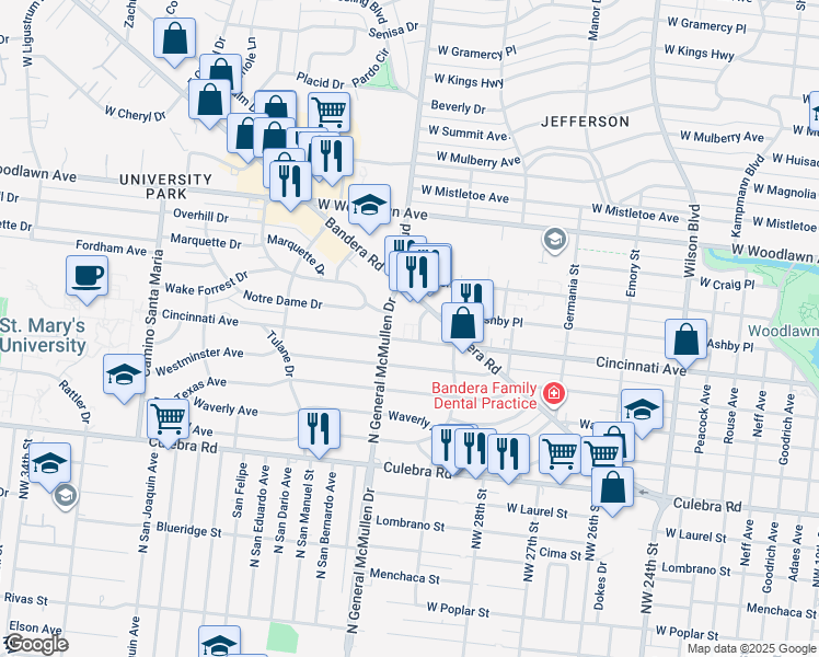 map of restaurants, bars, coffee shops, grocery stores, and more near 2331 Cincinnati Avenue in San Antonio