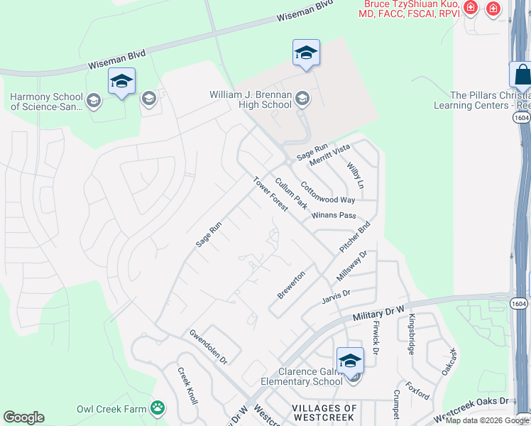 map of restaurants, bars, coffee shops, grocery stores, and more near 11802 Brandon Oaks in San Antonio