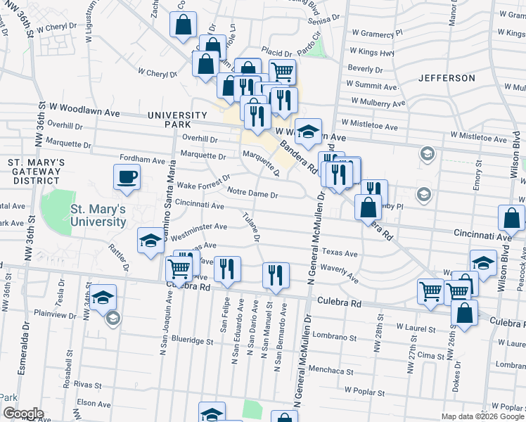 map of restaurants, bars, coffee shops, grocery stores, and more near 2457 Cincinnati Avenue in San Antonio