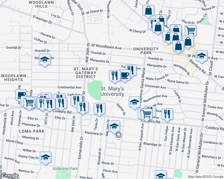 map of restaurants, bars, coffee shops, grocery stores, and more near 1 Camino Santa Maria in San Antonio