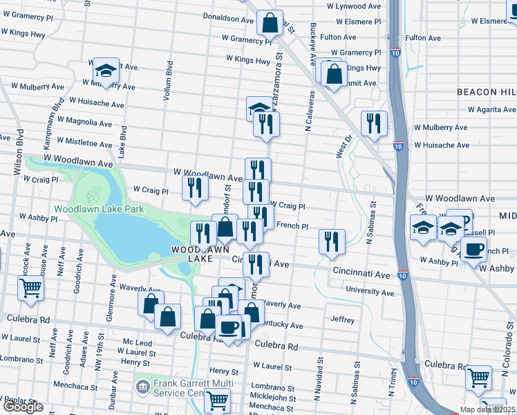map of restaurants, bars, coffee shops, grocery stores, and more near 1702 West Craig Place in San Antonio