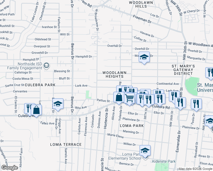 map of restaurants, bars, coffee shops, grocery stores, and more near 4751 Lark Avenue in San Antonio
