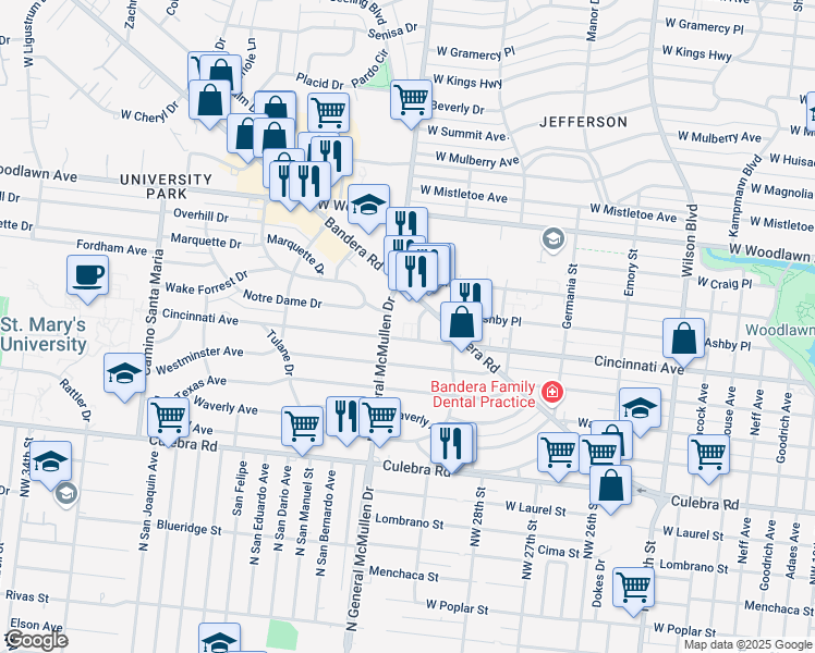 map of restaurants, bars, coffee shops, grocery stores, and more near 2331 Cincinnati Avenue in San Antonio