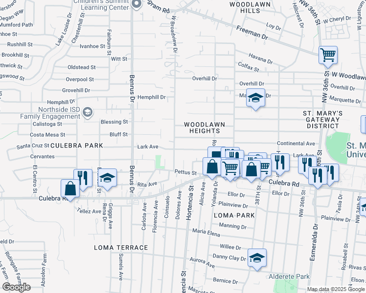 map of restaurants, bars, coffee shops, grocery stores, and more near 4751 Lark Avenue in San Antonio