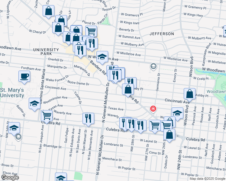 map of restaurants, bars, coffee shops, grocery stores, and more near 2331 Cincinnati Avenue in San Antonio