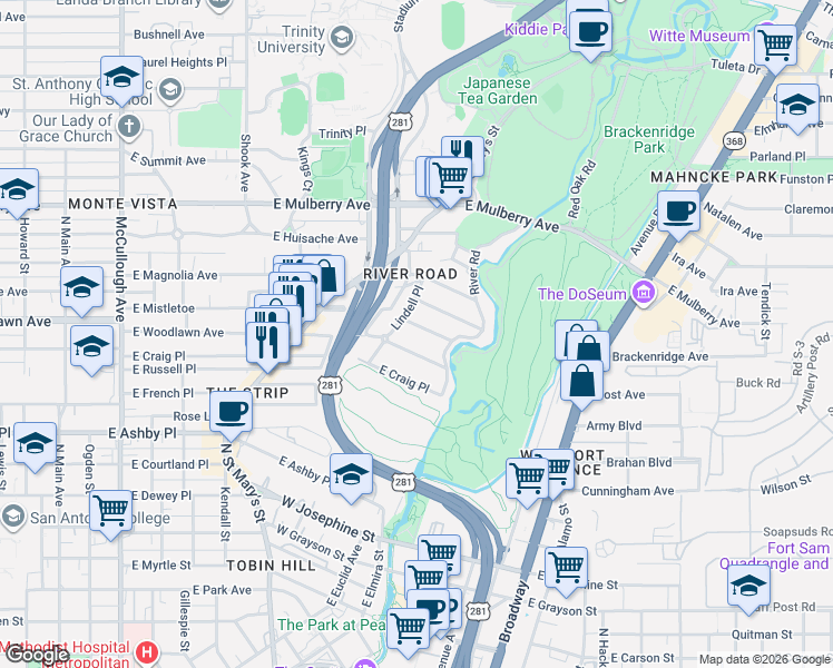 map of restaurants, bars, coffee shops, grocery stores, and more near 102 Armour Place in San Antonio