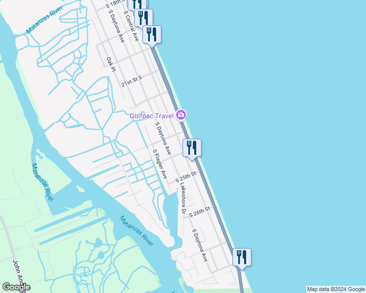 map of restaurants, bars, coffee shops, grocery stores, and more near 2328 South Oceanshore Boulevard in Flagler Beach