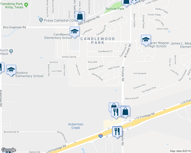 map of restaurants, bars, coffee shops, grocery stores, and more near 2523 Sunset Bend in San Antonio