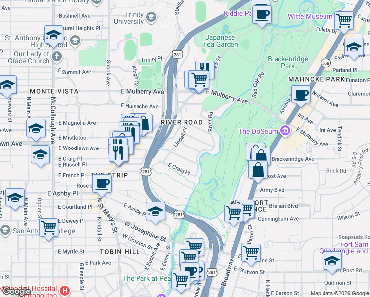 map of restaurants, bars, coffee shops, grocery stores, and more near 102 Armour Place in San Antonio