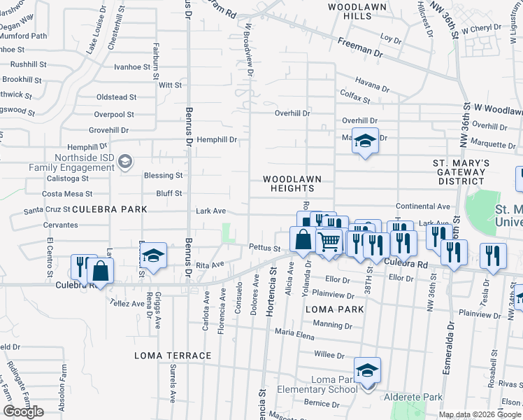 map of restaurants, bars, coffee shops, grocery stores, and more near 4751 Lark Avenue in San Antonio