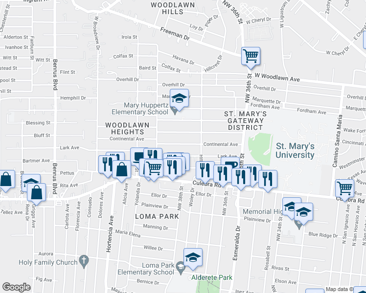 map of restaurants, bars, coffee shops, grocery stores, and more near 234 Continental Avenue in San Antonio