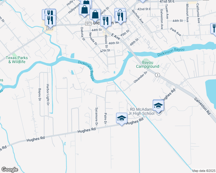 map of restaurants, bars, coffee shops, grocery stores, and more near 2114 Casa Rio Circle in Dickinson