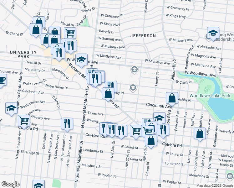 map of restaurants, bars, coffee shops, grocery stores, and more near 3220 West Ashby Place in San Antonio