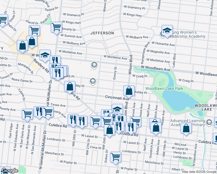 map of restaurants, bars, coffee shops, grocery stores, and more near 3019 West Ashby Place in San Antonio