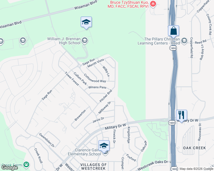 map of restaurants, bars, coffee shops, grocery stores, and more near 1511 Winans Pass in San Antonio
