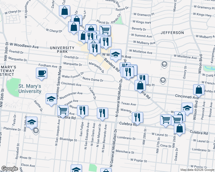 map of restaurants, bars, coffee shops, grocery stores, and more near 2431 Cincinnati Avenue in San Antonio