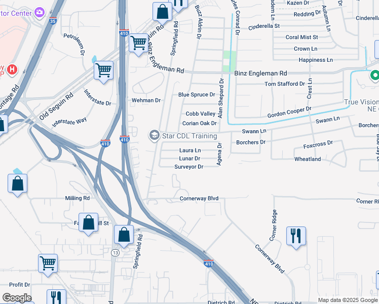 map of restaurants, bars, coffee shops, grocery stores, and more near 4834 Laura Lane in San Antonio