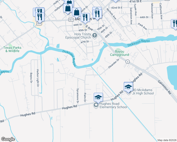 map of restaurants, bars, coffee shops, grocery stores, and more near 2114 Casa Rio Circle in Dickinson