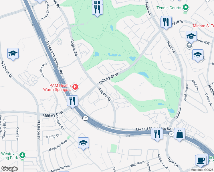 map of restaurants, bars, coffee shops, grocery stores, and more near 1818 Rogers Road in San Antonio