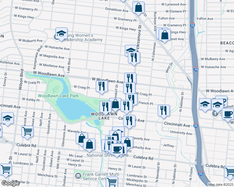 map of restaurants, bars, coffee shops, grocery stores, and more near 1746 West Craig Place in San Antonio