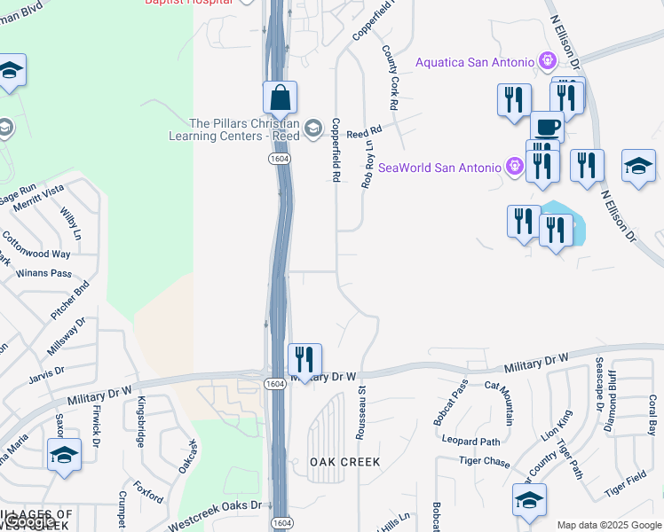 map of restaurants, bars, coffee shops, grocery stores, and more near 1503 Copperfield Road in San Antonio
