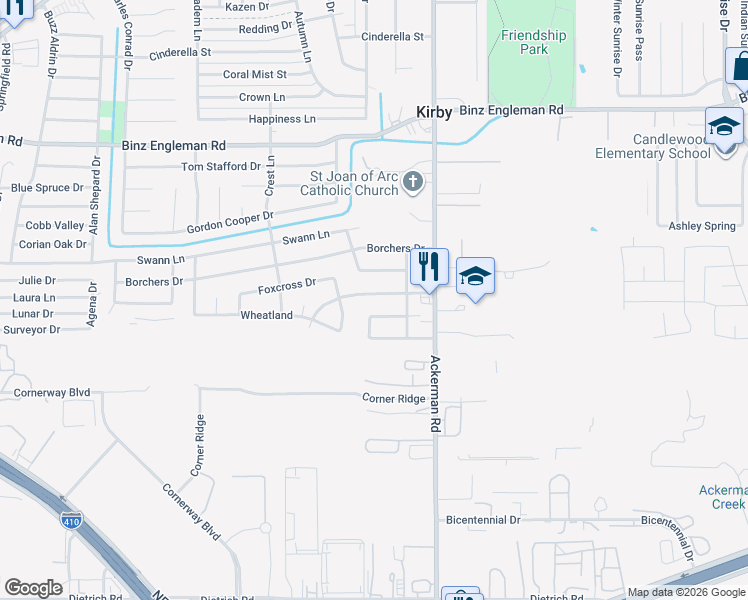 map of restaurants, bars, coffee shops, grocery stores, and more near 5422 Boatman Road in San Antonio