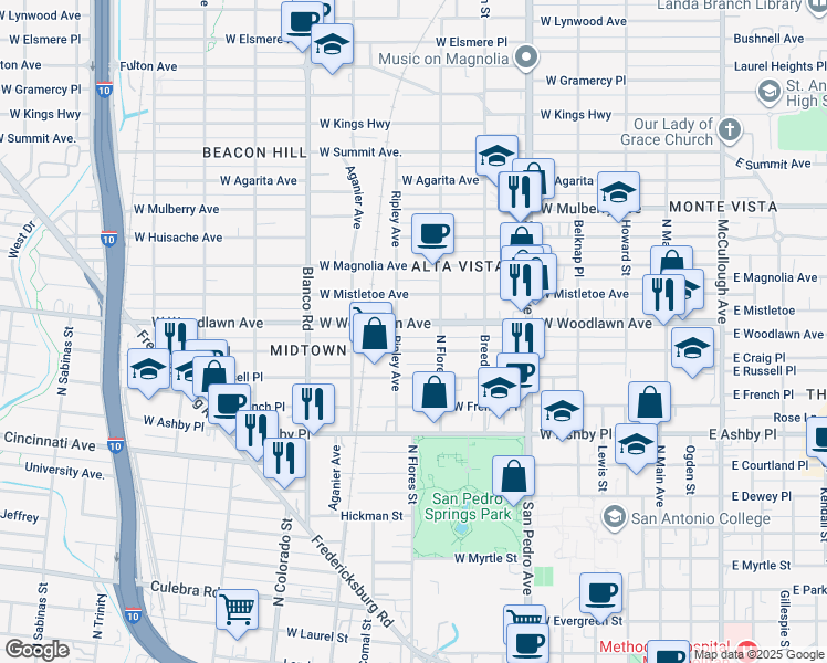 map of restaurants, bars, coffee shops, grocery stores, and more near 616 West Woodlawn Avenue in San Antonio
