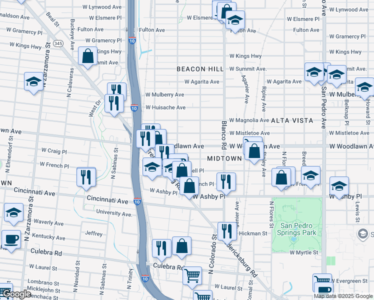 map of restaurants, bars, coffee shops, grocery stores, and more near 1020 West Woodlawn Avenue in San Antonio